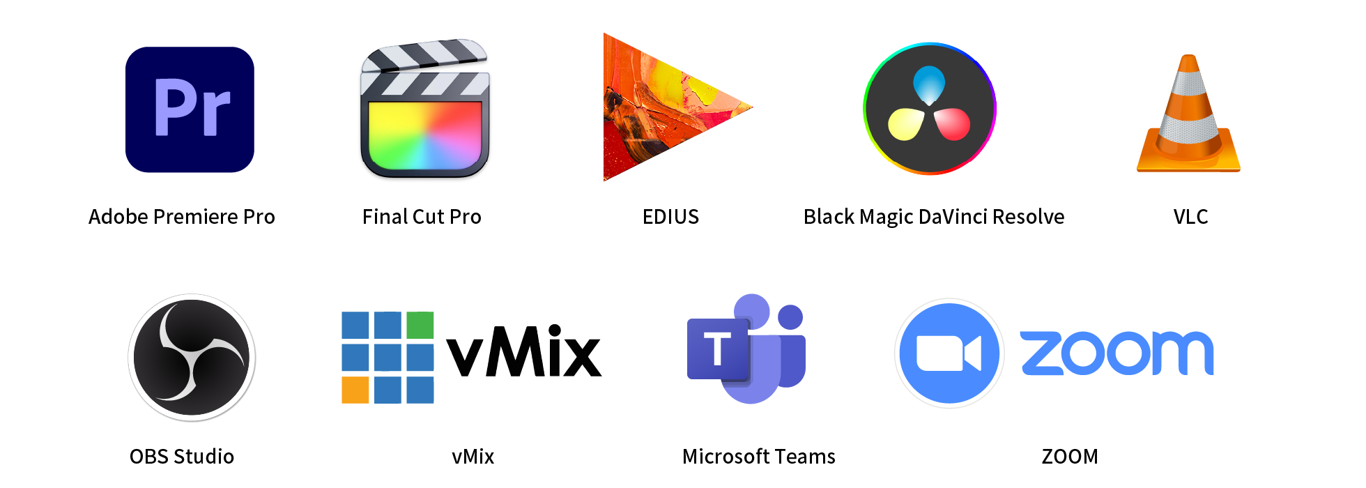 Adobe Premiere Pro, Final Cut Pro, EDIUS, Black Magic DaVinci Resolve, VLC, OBS, vMix, ZOOM, Teams