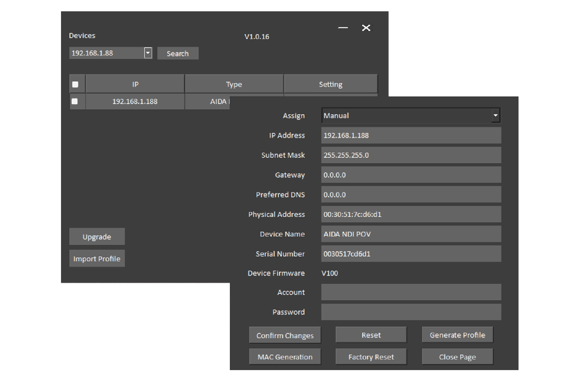 AIDA Search&Upgrade toolでネットワーク上のAIDA ImagingのIPカメラを検出可能