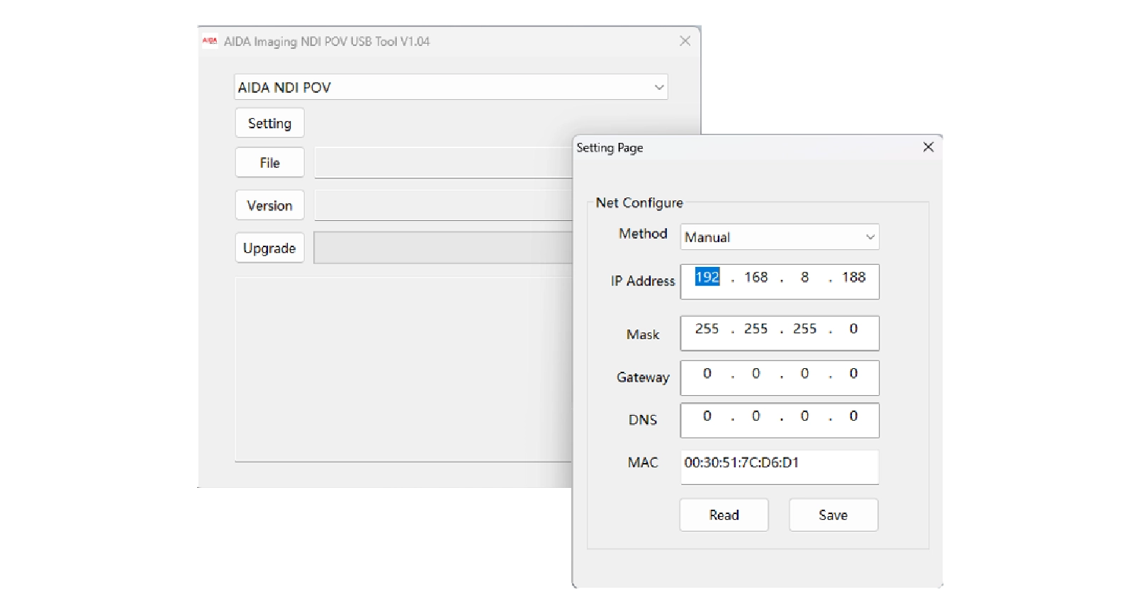 AIDA Imaging NDI POV USB ToolでPOVカメラのIPアドレスの設定が可能