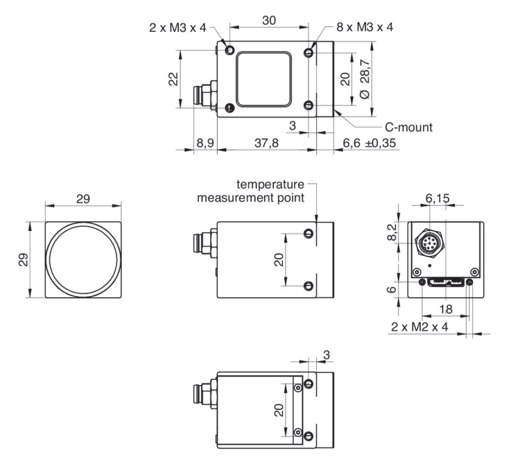 Baumer社産業用USB3.0カメラ・VCXUシリーズの寸法図面