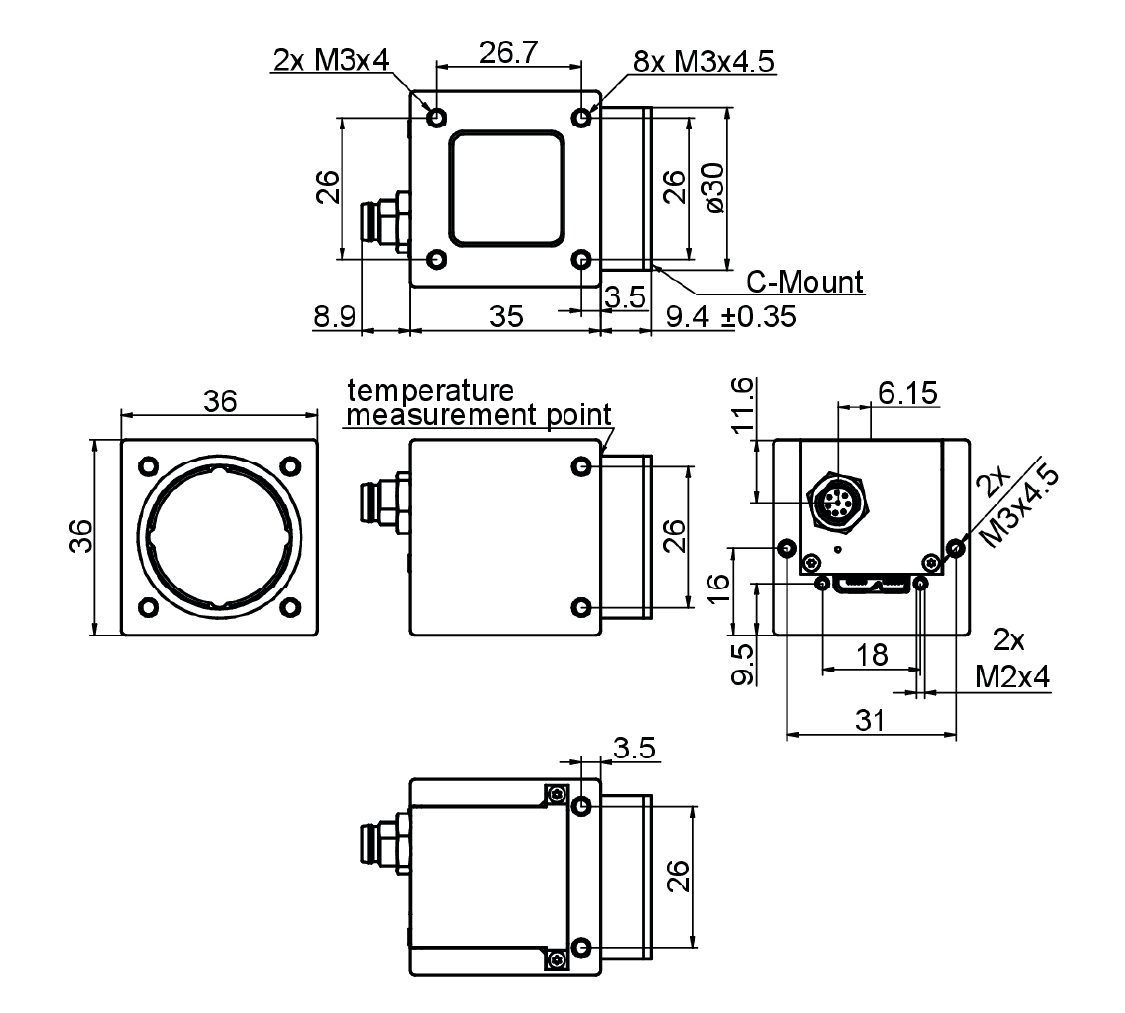 Baumer社 空冷・水冷 USB3.0カメラ・VCXU-25M.XCシリーズの寸法図面