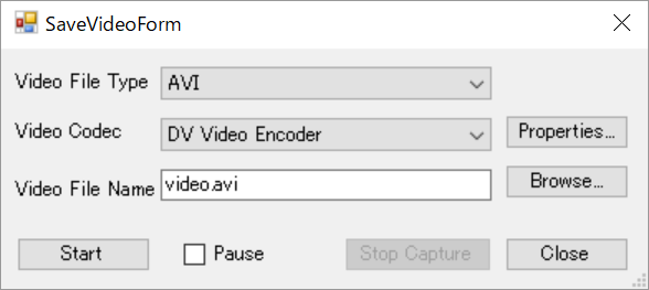 Capturing a Video File AVI録画ダイアログ