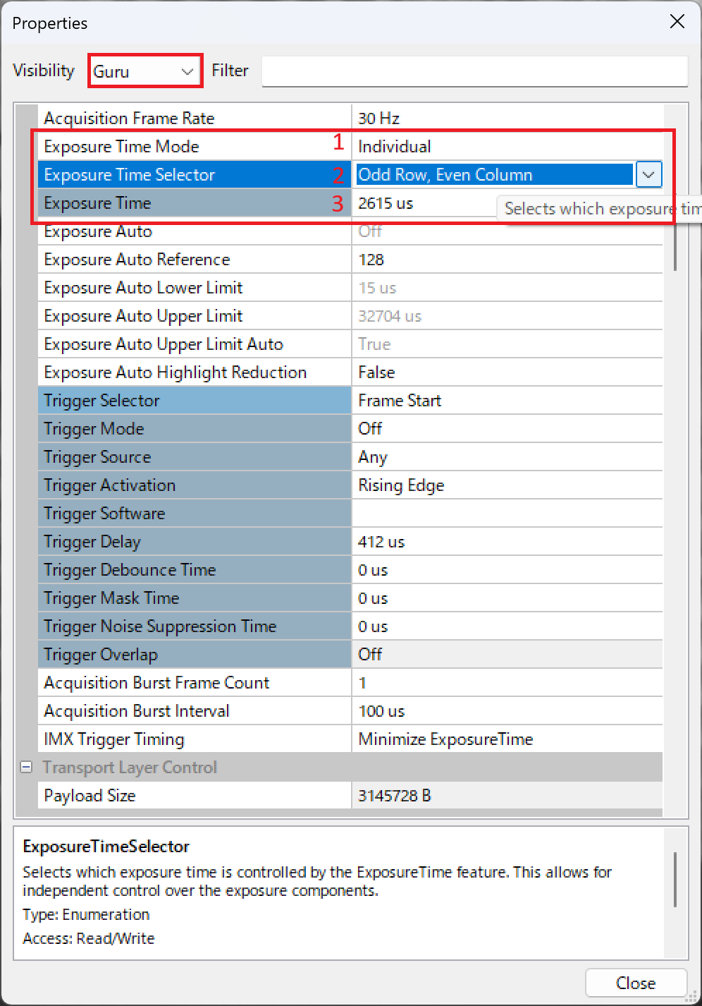 Properties画面でのExposure Time SelectorとExposure Timeの設定